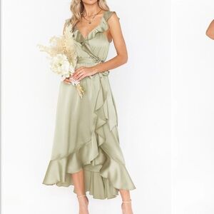 Samantha Ruffle Wrap Dress ~ Moss Green Luxe Satin